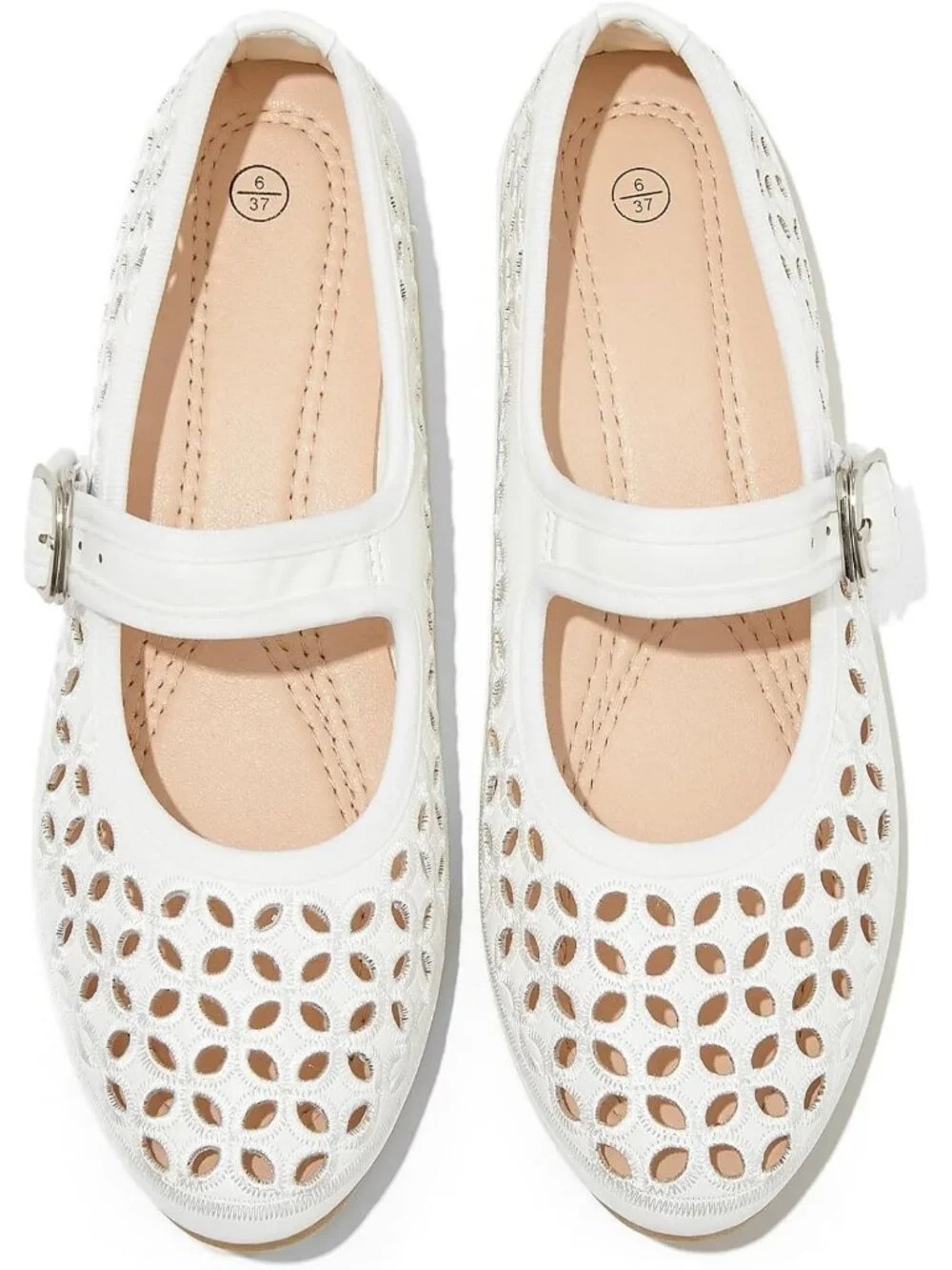 Women's White Faux Leather Round Toe Adjustable Buckle Strap Flat Slip On Shoes